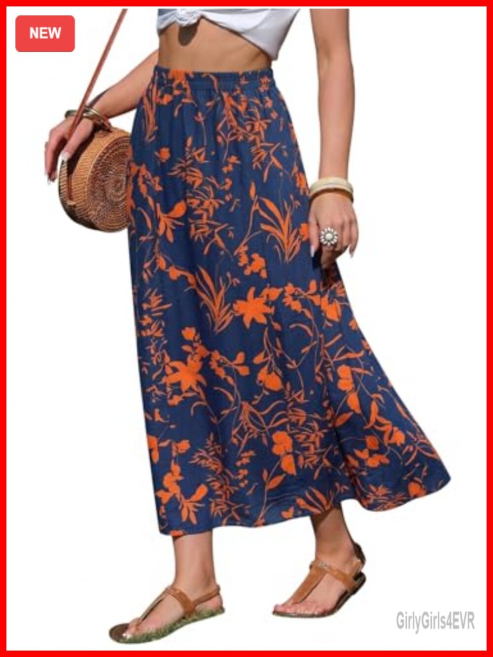 Womens Flowy Floral Print Maxi Skirt Elastic Waist A-Line Boho Beach Vacation